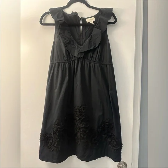 LOFT Black Sleeveless Dress with Ruffle Neckline & 3D Floral Hem | Size 4 - Picture 1 of 5